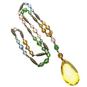 Antique Czech Art Deco Pastel Glass Pendant Necklace Antiqued Gold 22"